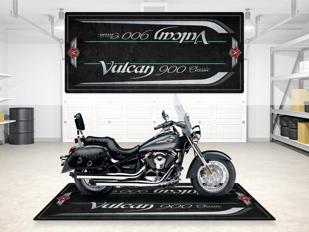 Vulcan 900 Classic LT garage mat in metallic gray. Premium motorcycle rug for garage floor protection.