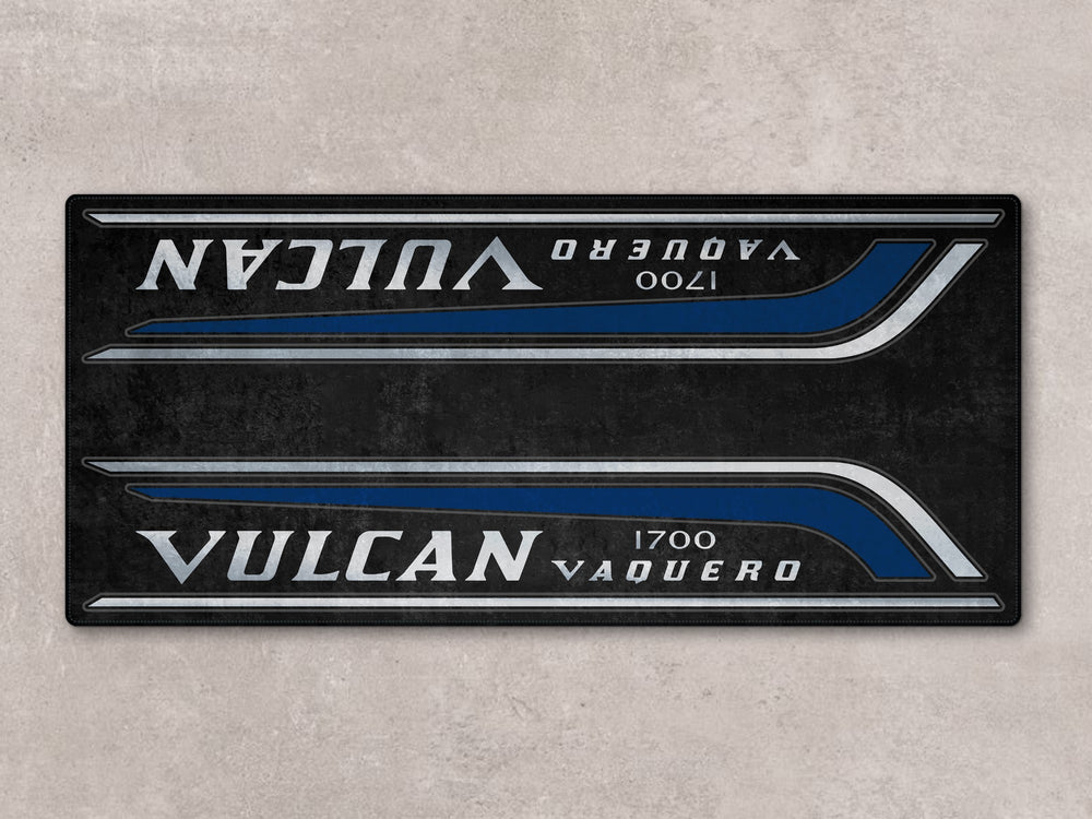 Parking mat in blue and silver for Vulcan Vaquero. Anti-slip motorcycle carpet for garage display.