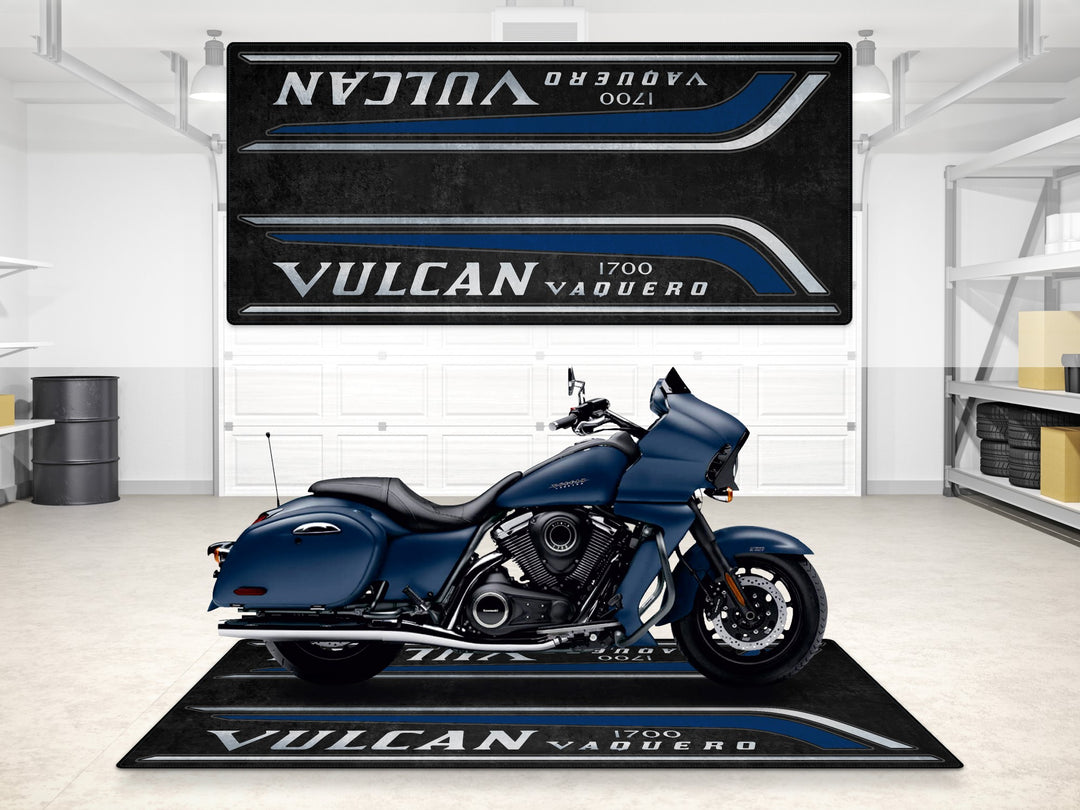 Garage mat for Vulcan 1700 Vaquero. Durable motorcycle floor cover for pit area or showroom setup.