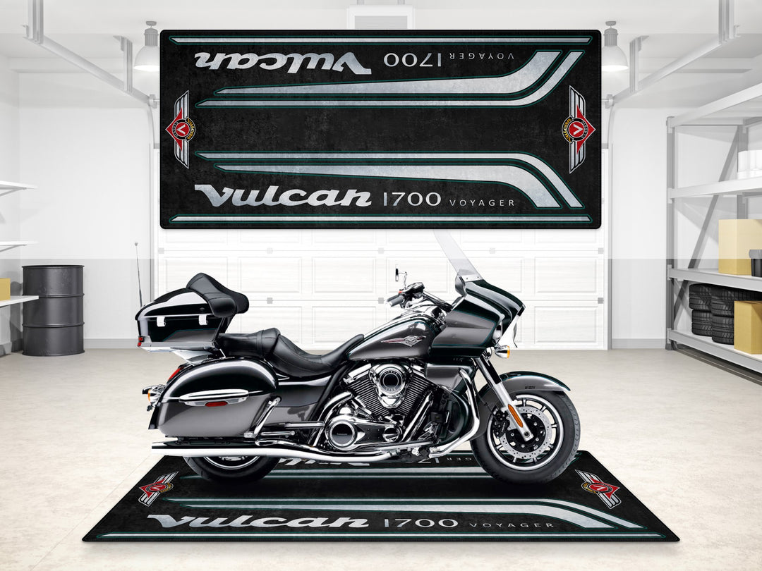 Garage mat for Vulcan 1700 Voyager. Stylish parking mat for motorcycle floor cover and pit area use.