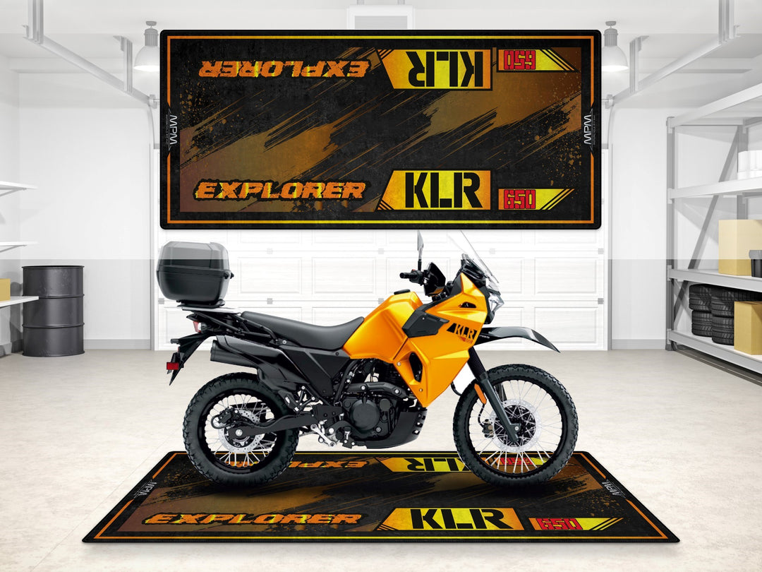 Garage mat for KLR650 Pearl Solar Yellow. Durable motorcycle parking mat for pit and garage floor cover.