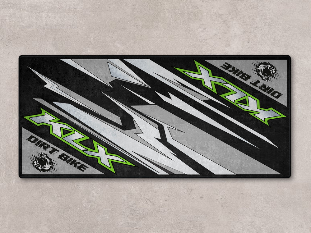 Stylish garage mat for KLX dirt bike in Battle Gray. Rug for superbike garage and track prep setup.