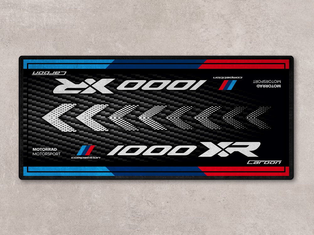BMW M1000XR parking mat with carbon fiber texture. Premium garage rug and pit mat for riders who demand performance and aesthetics.