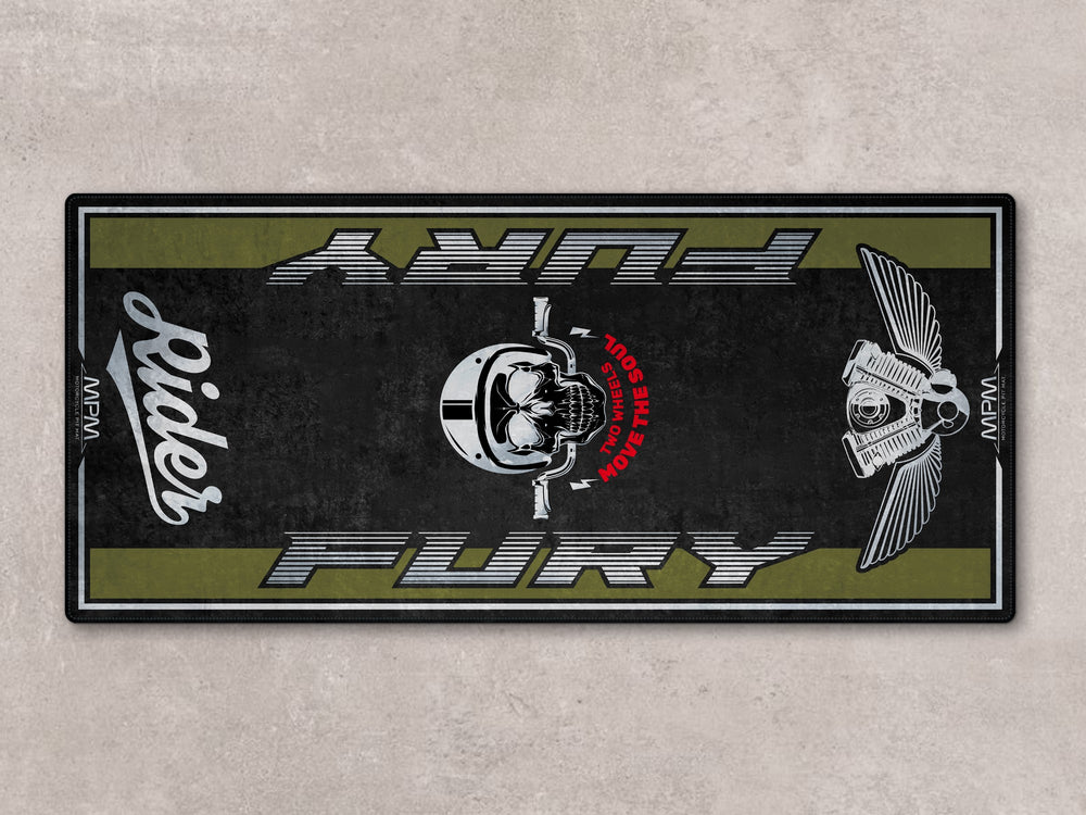 Adventure Green motorcycle pit mat for Fury. Durable garage floor cover designed for bike zone setups and riders.