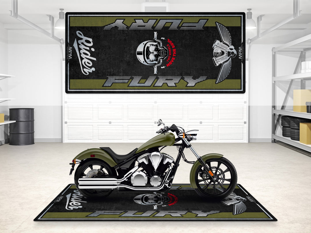 Honda Fury parking mat with bold skull and V-twin art. Rugged garage mat for garage floor protection and storage.