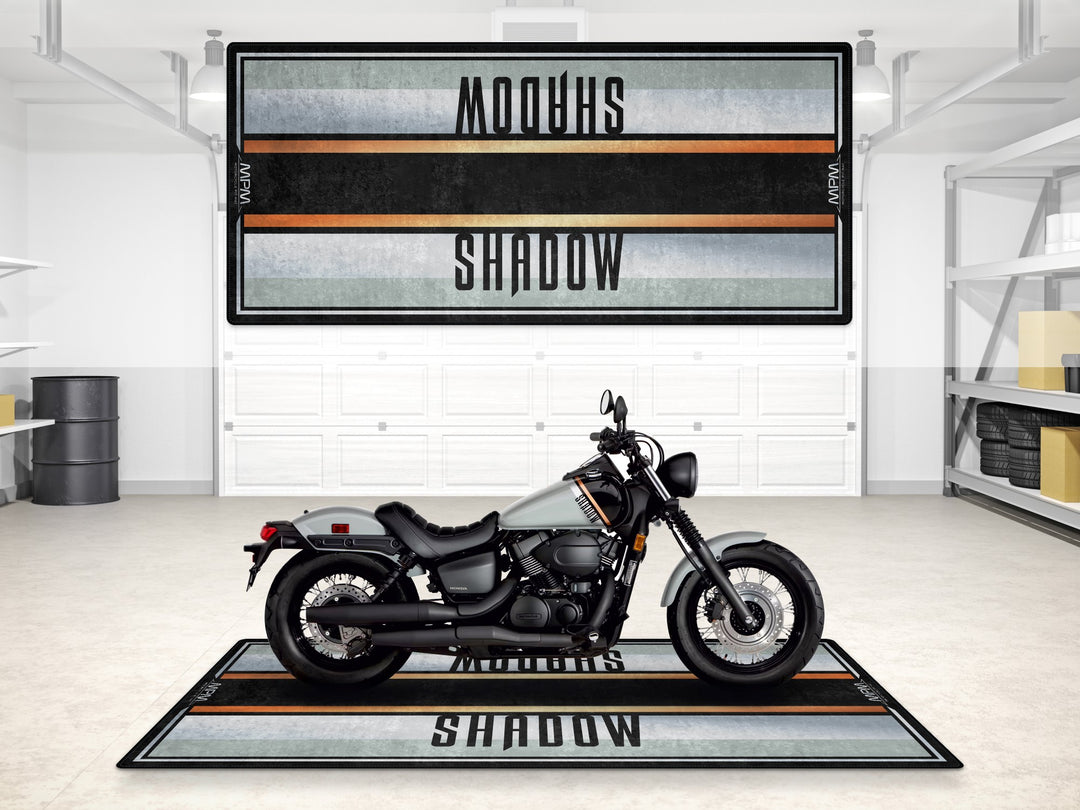 Garage mat for Honda Shadow Phantom Deep Pearl Gray. A sleek parking mat and floor cover for garage floor protection and showroom use.