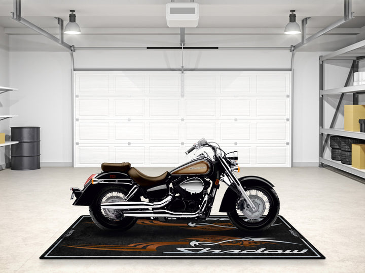 Shadow Aero gift rug with bold tribal design. A unique garage accessory for cruiser fans and motorcycle gear lovers.