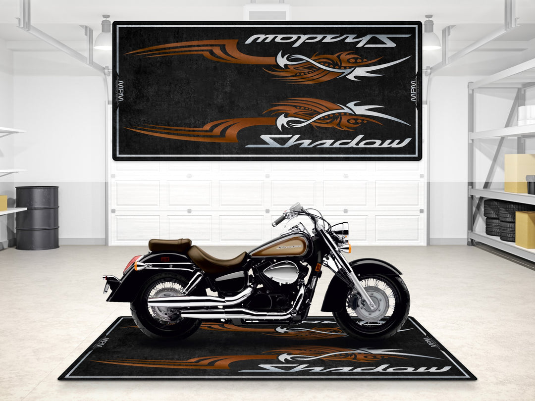 Honda Shadow Aero garage mat with tribal graphic. Heavy-duty parking mat for garage floor protection and storage.