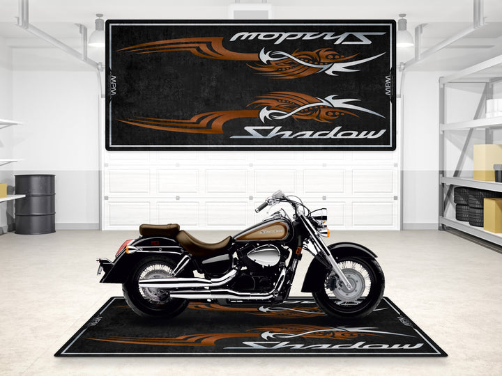 Honda Shadow Aero garage mat with tribal graphic. Heavy-duty parking mat for garage floor protection and storage.
