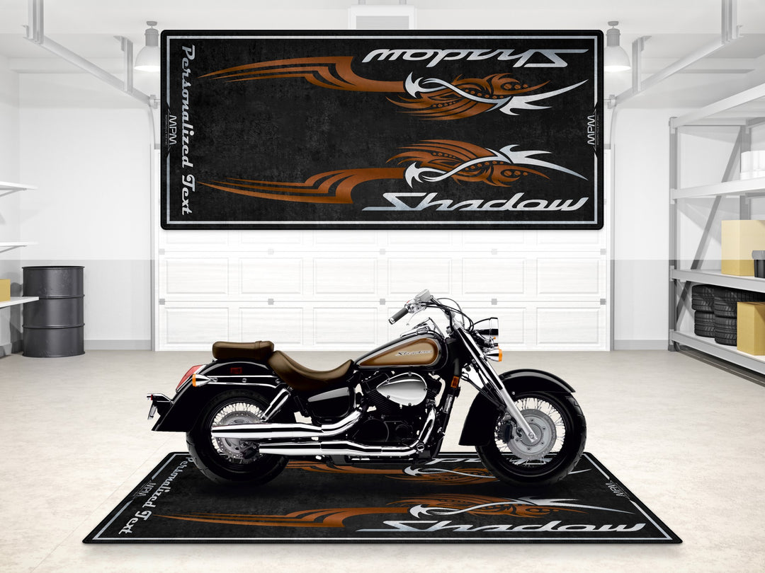 Custom pit rug for Honda Shadow Aero. Thermoplastic Rubber backing provides stability in any showroom or racetrack.
