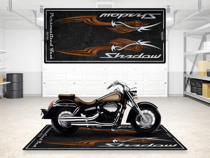 Custom pit rug for Honda Shadow Aero. Thermoplastic Rubber backing provides stability in any showroom or racetrack.