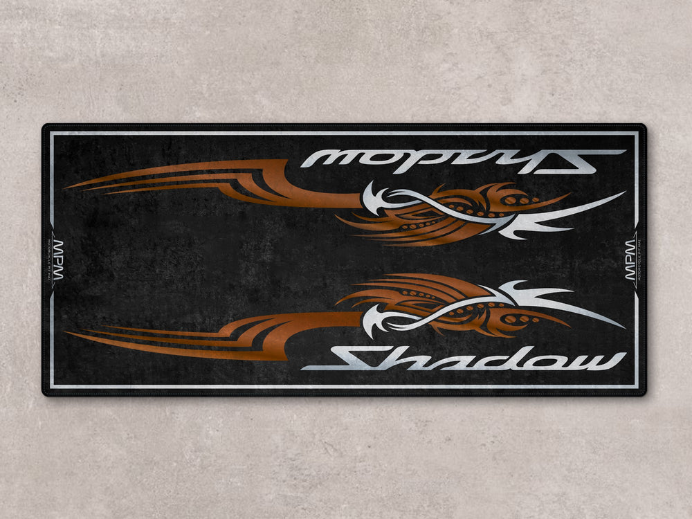Motorcycle pit mat for Shadow Aero riders. Stylish floor cover designed for bike zone or superbike garage setup.