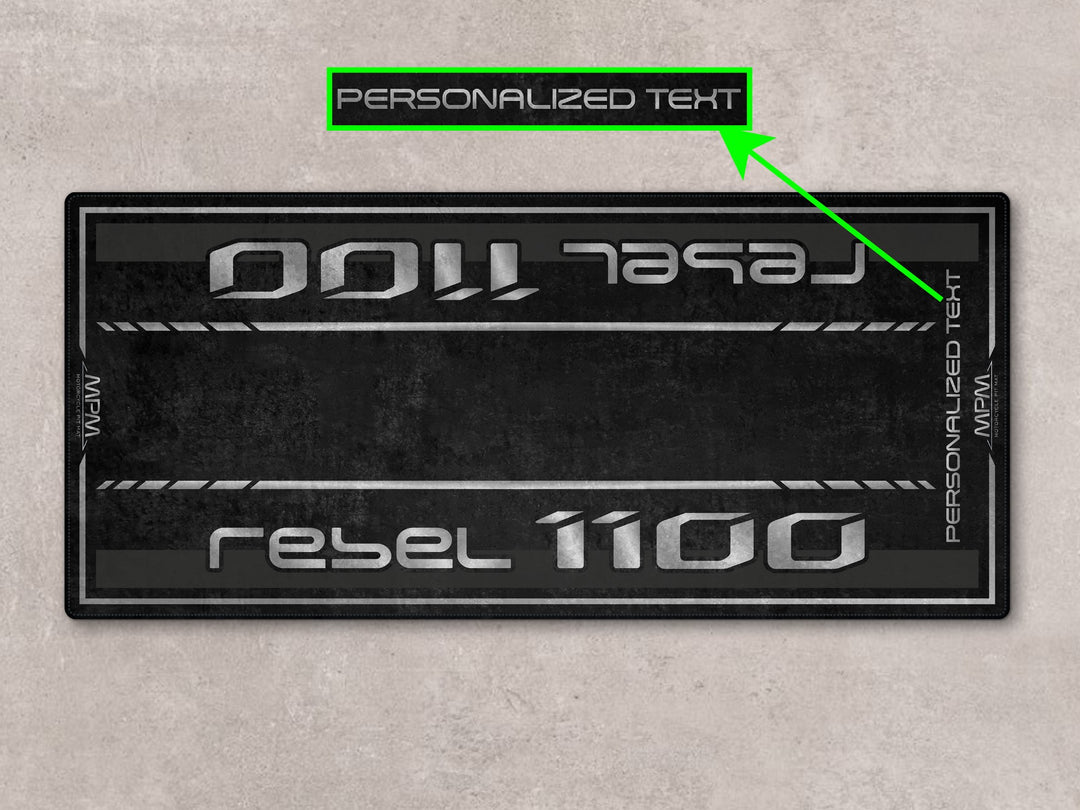 Gray metallic custom pit rug designed for Rebel 1100. Ideal motorcycle display mat for racetrack or bike zone.