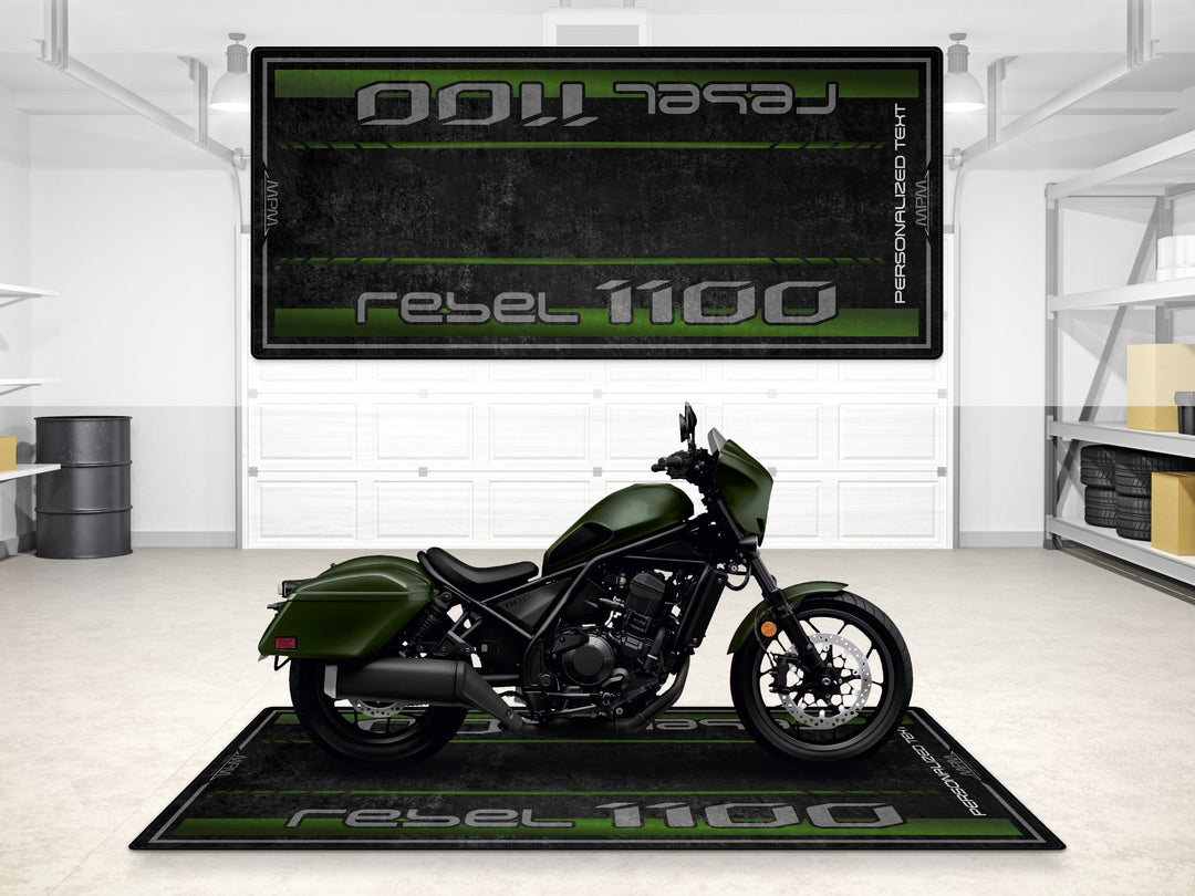 Custom pit mat for Honda Rebel 1100. Track prep essential with rugged carpet texture for superbike garage setups.