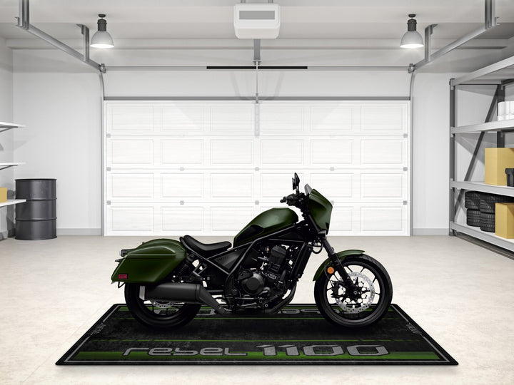 Rebel 1100 pit mat with bold green style. Ideal motorcycle accessory for garage, track, or motorcycle showroom.