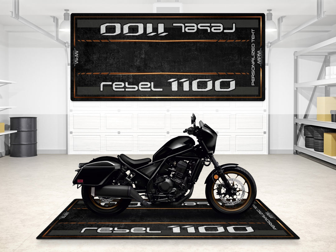 Custom pit rug designed for Rebel 1100. Great gift for riders who value motorcycle gear and racetrack styling.