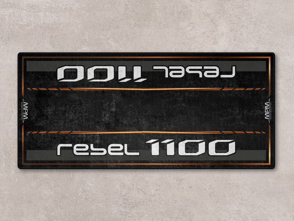 Motorcycle pit mat for Rebel 1100. A rugged rug and accessory for your superbike garage or everyday bike zone.