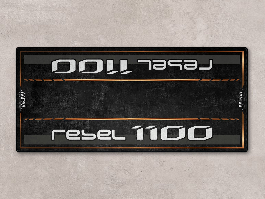 Motorcycle pit mat for Rebel 1100. A rugged rug and accessory for your superbike garage or everyday bike zone.
