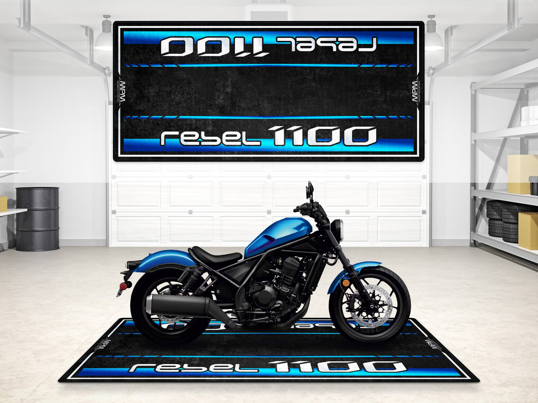 Rebel 1100 parking mat with metallic blue details. Perfect garage mat and floor cover with garage floor protection.