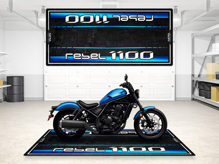 Rebel 1100 parking mat with metallic blue details. Perfect garage mat and floor cover with garage floor protection.