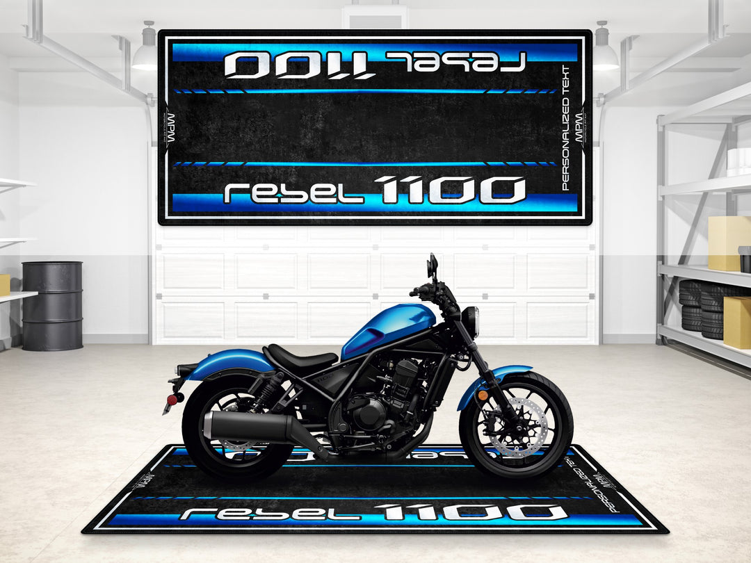 Custom pit mat for Honda Rebel 1100. Floor carpet for racetrack prep, bike zone display, or superbike garage setups.