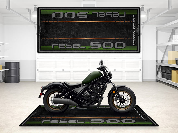 Custom pit rug for Rebel 500. Motorcycle display mat ideal for superbike garage, showroom, or track prep use.