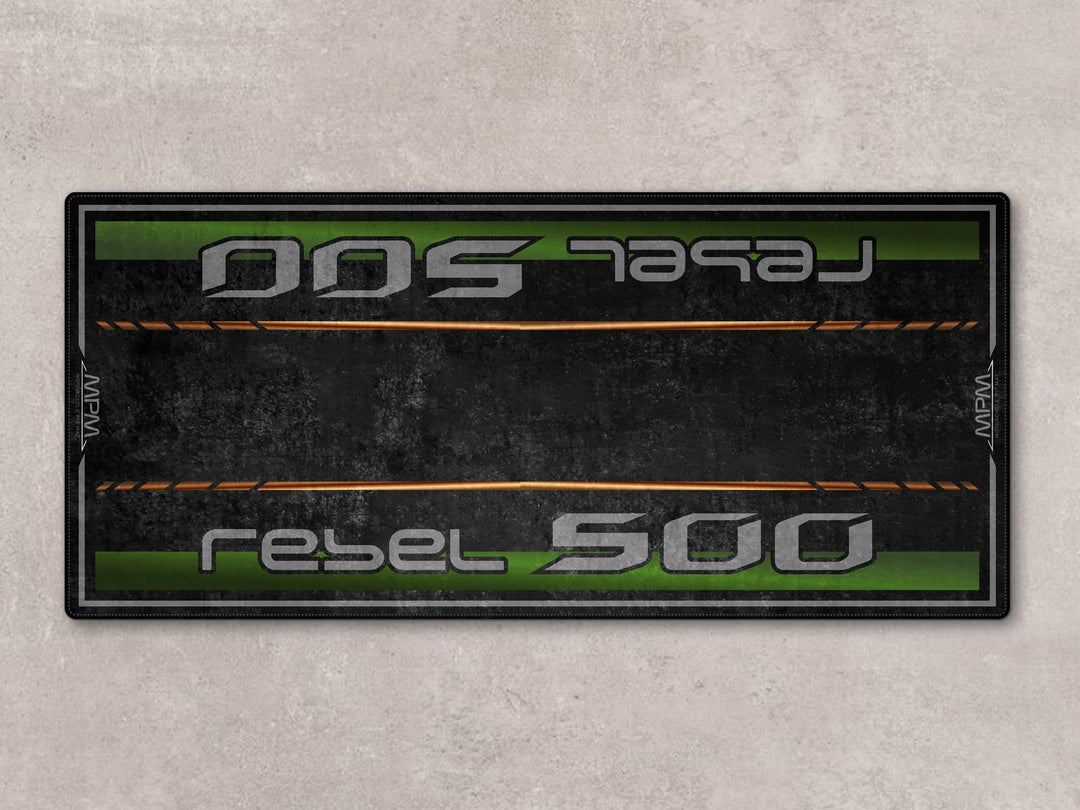 Matte Laurel Green pit mat for Rebel 500. Rugged motorcycle rug and accessory for parts zone or rider setup.
