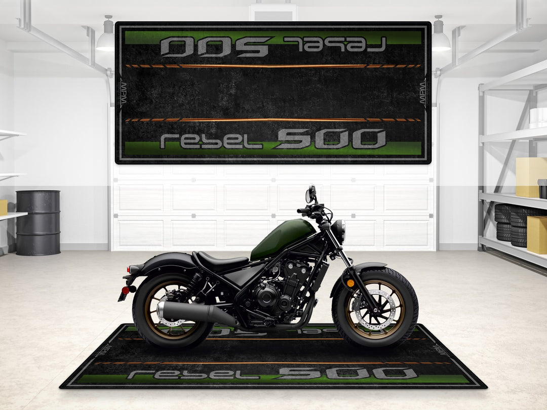 Rebel 500 garage mat with green metallic finish. Durable parking mat and floor cover for garage floor protection.