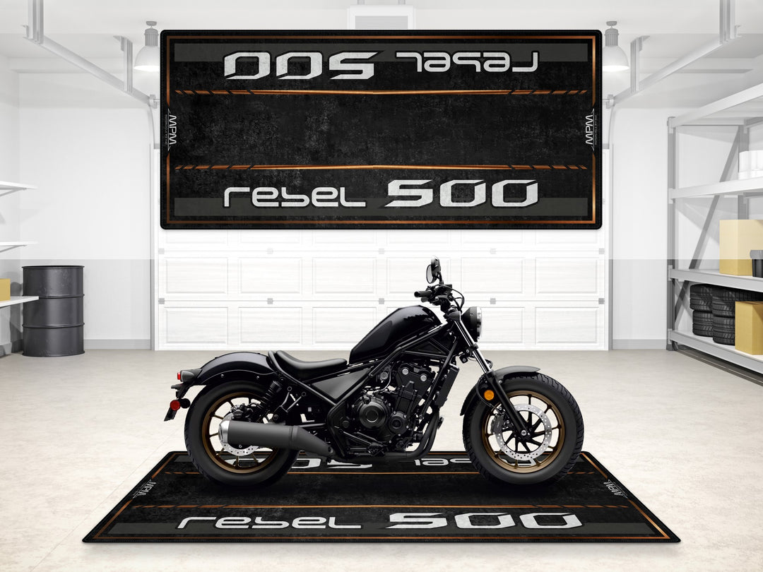 Pearl Black Rebel 500 parking mat. Rugged garage mat for motorcycle gear and floor cover protection.