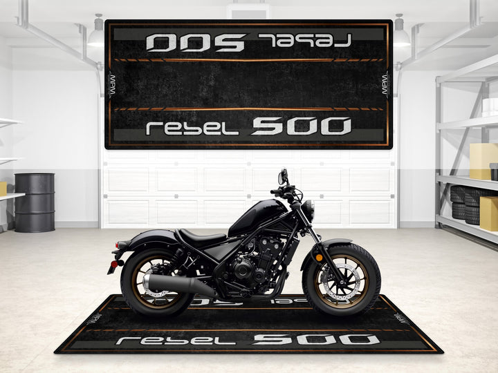 Pearl Black Rebel 500 parking mat. Rugged garage mat for motorcycle gear and floor cover protection.