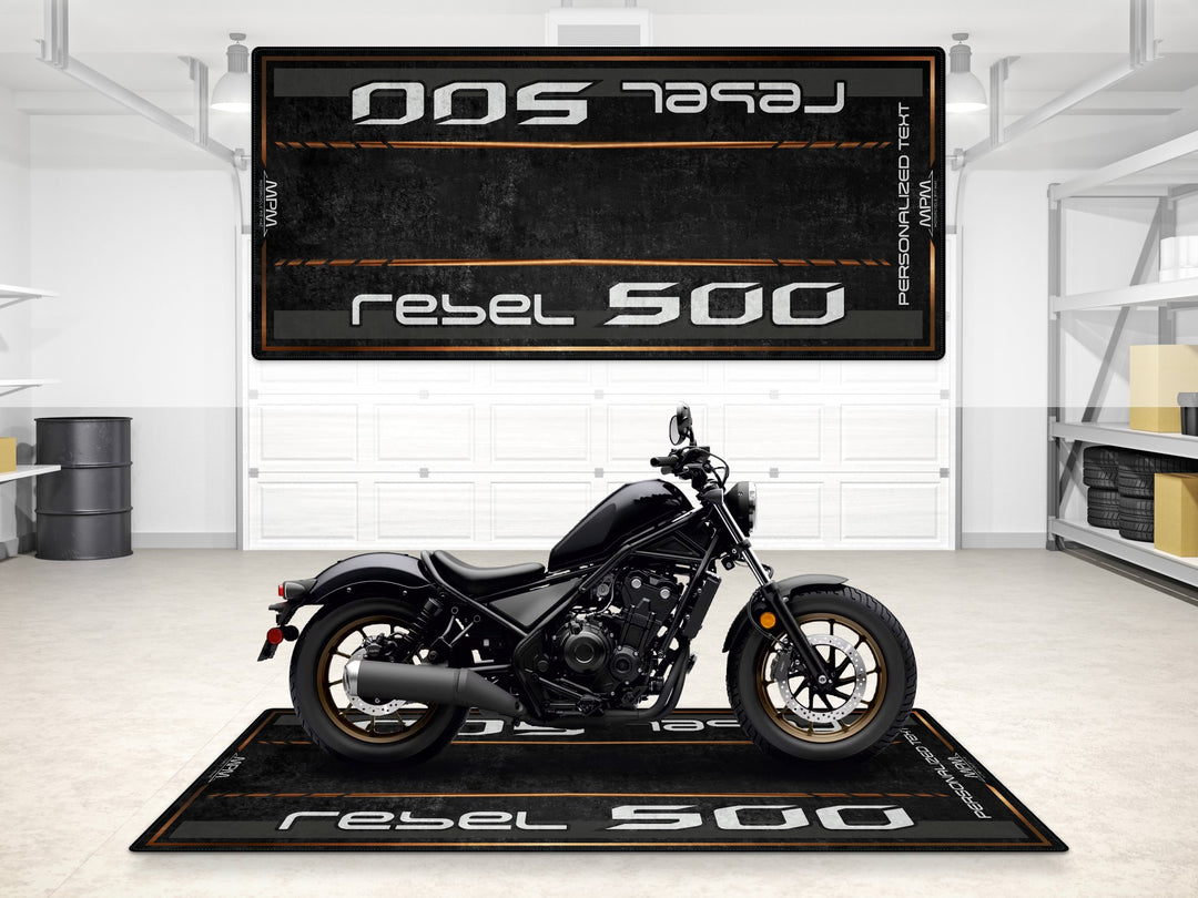 Personalized floor cover for Rebel 500. Custom pit rug for motorcycle display, racetrack, or showroom use.