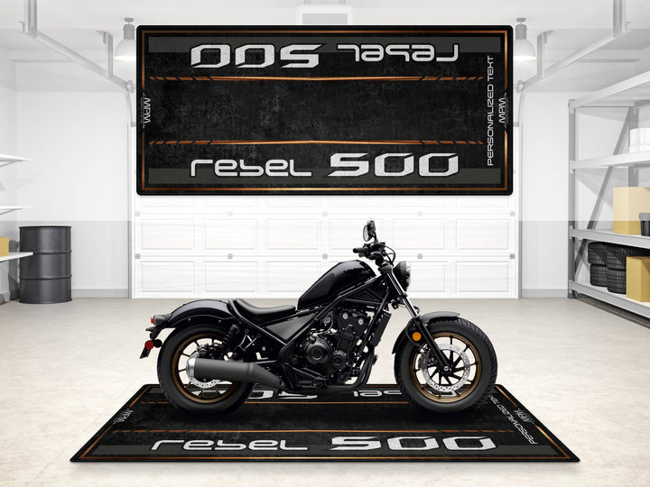 Personalized floor cover for Rebel 500. Custom pit rug for motorcycle display, racetrack, or showroom use.