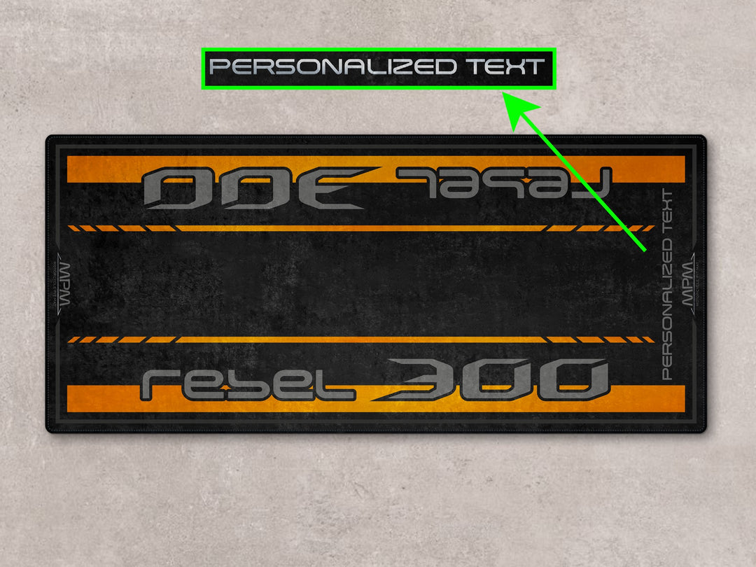 Rebel 300 personalized garage carpet. Track prep essential and gift idea for any rider or superbike garage.