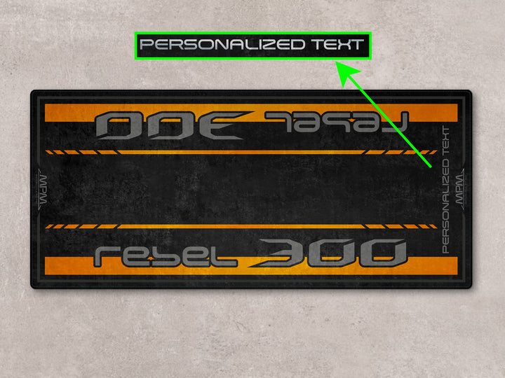 Rebel 300 personalized garage carpet. Track prep essential and gift idea for any rider or superbike garage.