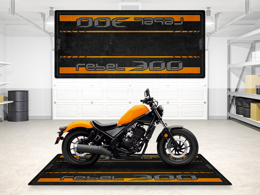 Rebel 300 garage mat in Nitric Orange. Durable parking mat and floor cover for motorcycle gear and garage setups.