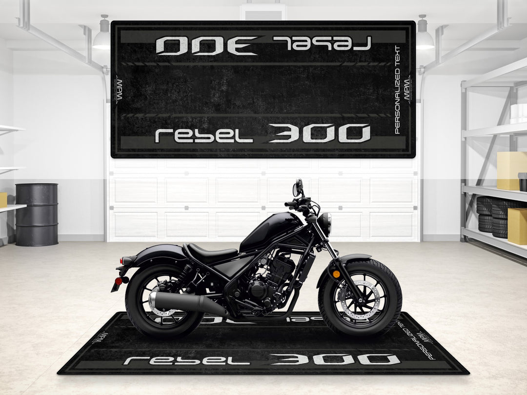 Custom garage carpet for Honda Rebel 300. Designed for track prep zones, parts corner, or showroom display.