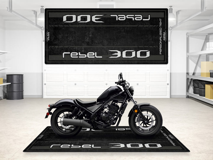 Custom garage carpet for Honda Rebel 300. Designed for track prep zones, parts corner, or showroom display.