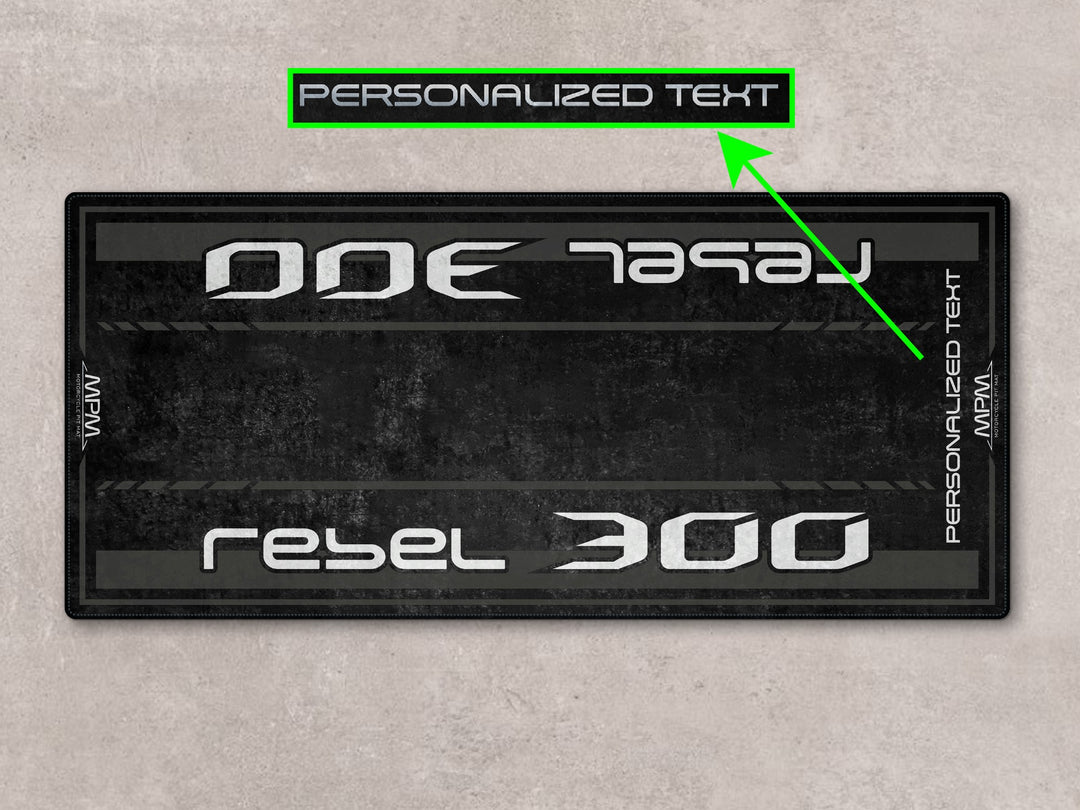 Rebel 300 motorcycle display rug. Stylish garage mat gift idea for riders and superbike garage decor.
