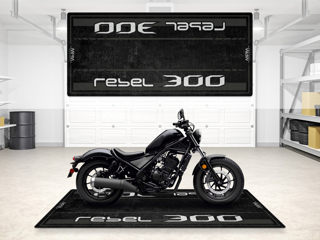 Pearl Black Rebel 300 garage mat with Thermoplastic Rubber. Motorcycle gear essential for parking and floor protection.