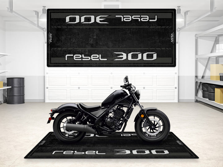 Pearl Black Rebel 300 garage mat with Thermoplastic Rubber. Motorcycle gear essential for parking and floor protection.