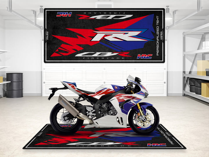 Custom pit rug for Honda Fireblade SP riders. Personalized motorcycle display carpet built for track prep and superbike garage looks.