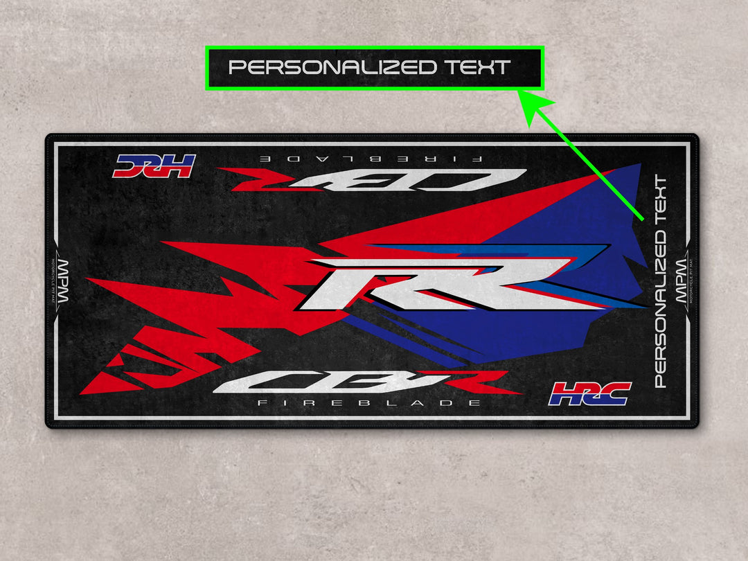 Personalized garage mat for CBR1000RR-R. Great gift and rider essential for your bike zone or motorcycle gear showcase.