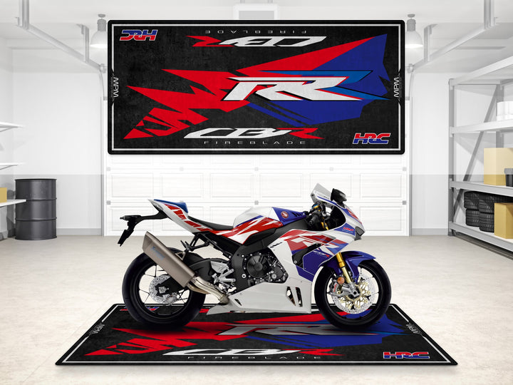 Garage mat for Honda CBR1000RR-R Fireblade SP. Durable Thermoplastic Rubber rug for garage floor protection and racetrack display.