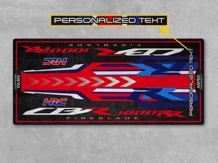 Personalized garage mat for Fireblade SP Grand Prix Red. Unique gift for bike zone, rider essentials, or motorcycle gear area.