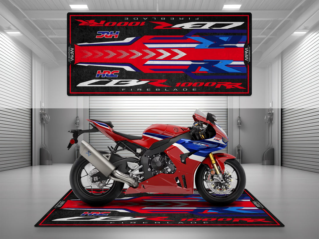 Garage mat for Honda CBR1000RR-R Fireblade SP. Grand Prix Red pit mat ideal for showroom or garage floor protection.