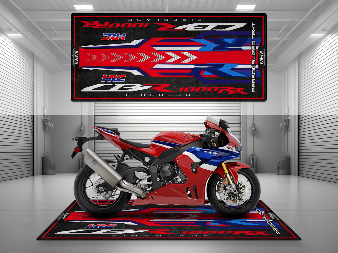 Custom pit rug for CBR1000RR-R riders. Perfect motorcycle display carpet for superbike garage or track prep setup.