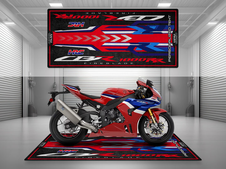 Custom pit rug for CBR1000RR-R riders. Perfect motorcycle display carpet for superbike garage or track prep setup.