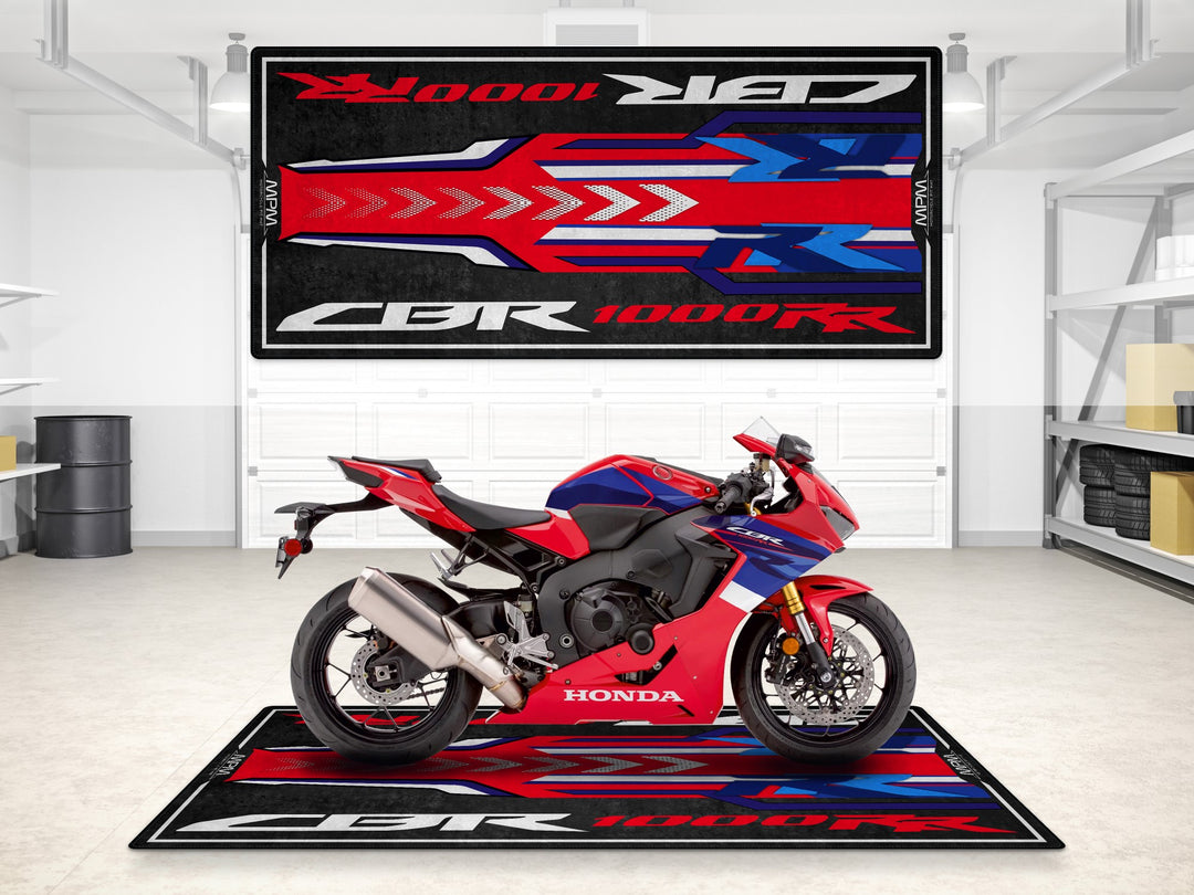 Garage mat for Honda CBR1000RR. A bold rug design offering garage floor protection and racetrack-ready parking mat functionality.
