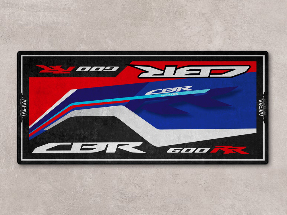 Thermoplastic Rubber pit mat for CBR600RR. Great rug for racetrack, bike zone, or motorcycle gear and accessory area.