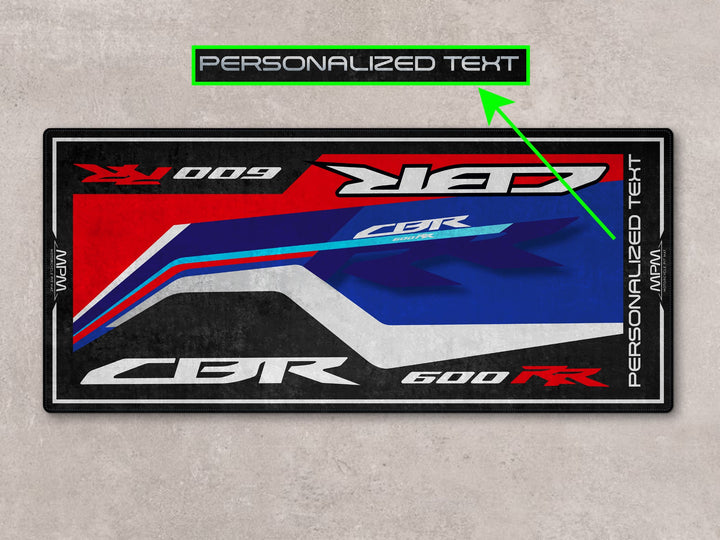 Personalized garage mat for CBR600RR Grand Prix Red. A perfect gift and rider essential for parts zone or showroom setup.